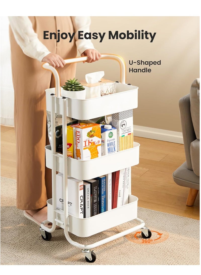 3 Tier Mesh Utility Cart, Rolling Metal Organization Cart with Handle and Lockable Wheels, Multifunctional Storage Shelves for Kitchen Living Room Office （White）