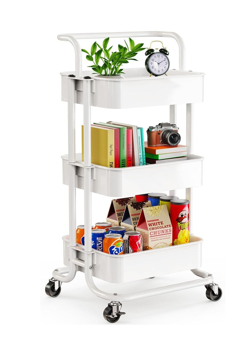 3 Tier Mesh Utility Cart, Rolling Metal Organization Cart with Handle and Lockable Wheels, Multifunctional Storage Shelves for Kitchen Living Room Office （White）