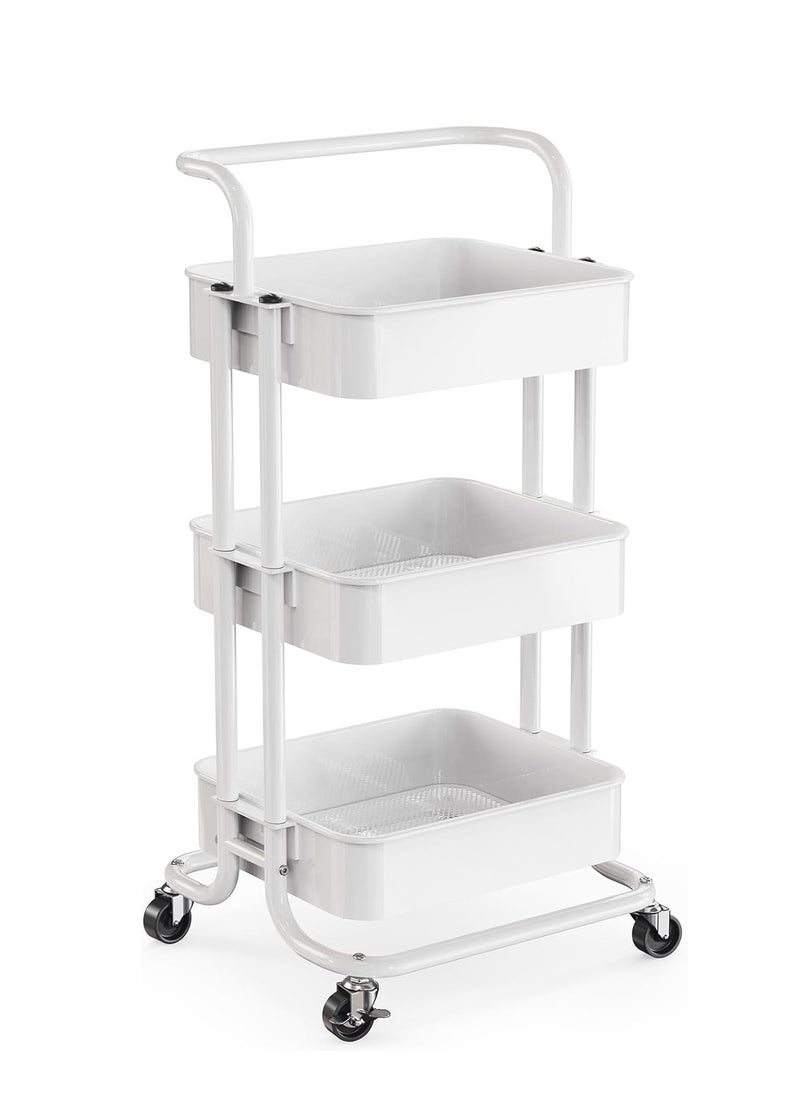 3 Tier Mesh Utility Cart, Rolling Metal Organization Cart with Handle and Lockable Wheels, Multifunctional Storage Shelves for Kitchen Living Room Office （White）