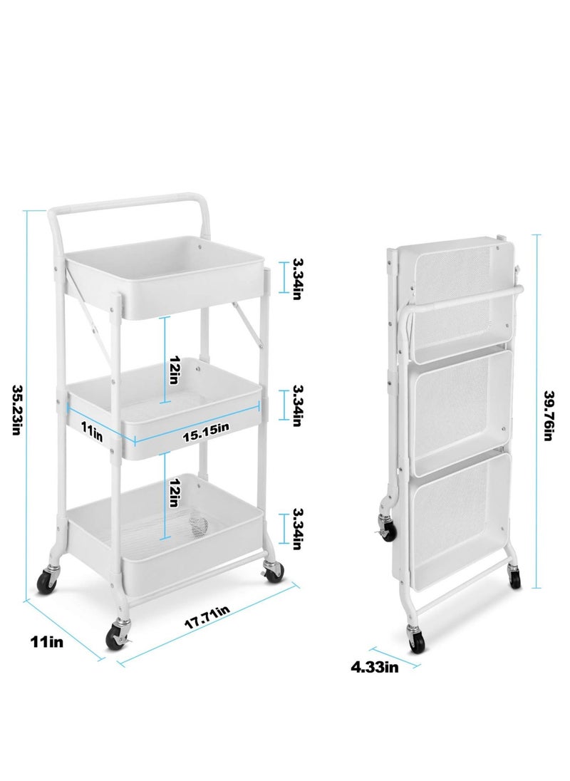 Foldable 3 Tier Metal Utility Rolling Cart, Folding Mobile Multi-Function Storage Trolley Organizer Cart for Home Library Office(White)