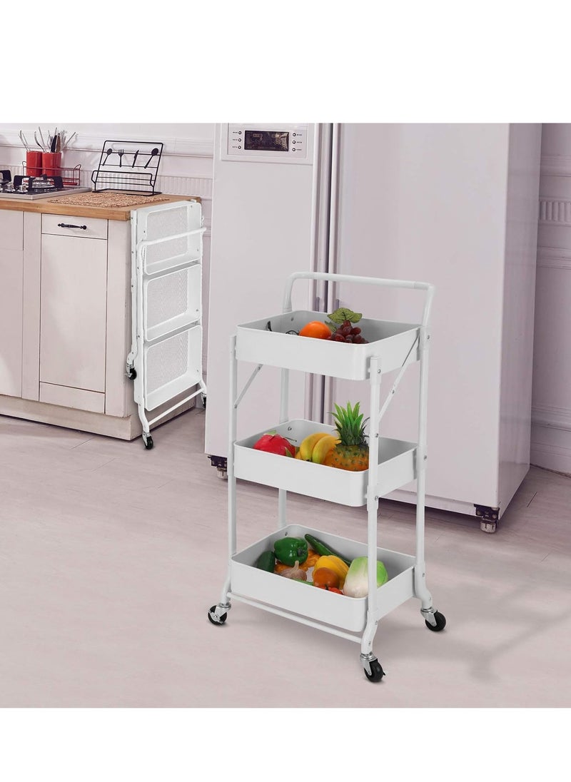 Foldable 3 Tier Metal Utility Rolling Cart, Folding Mobile Multi-Function Storage Trolley Organizer Cart for Home Library Office(White)