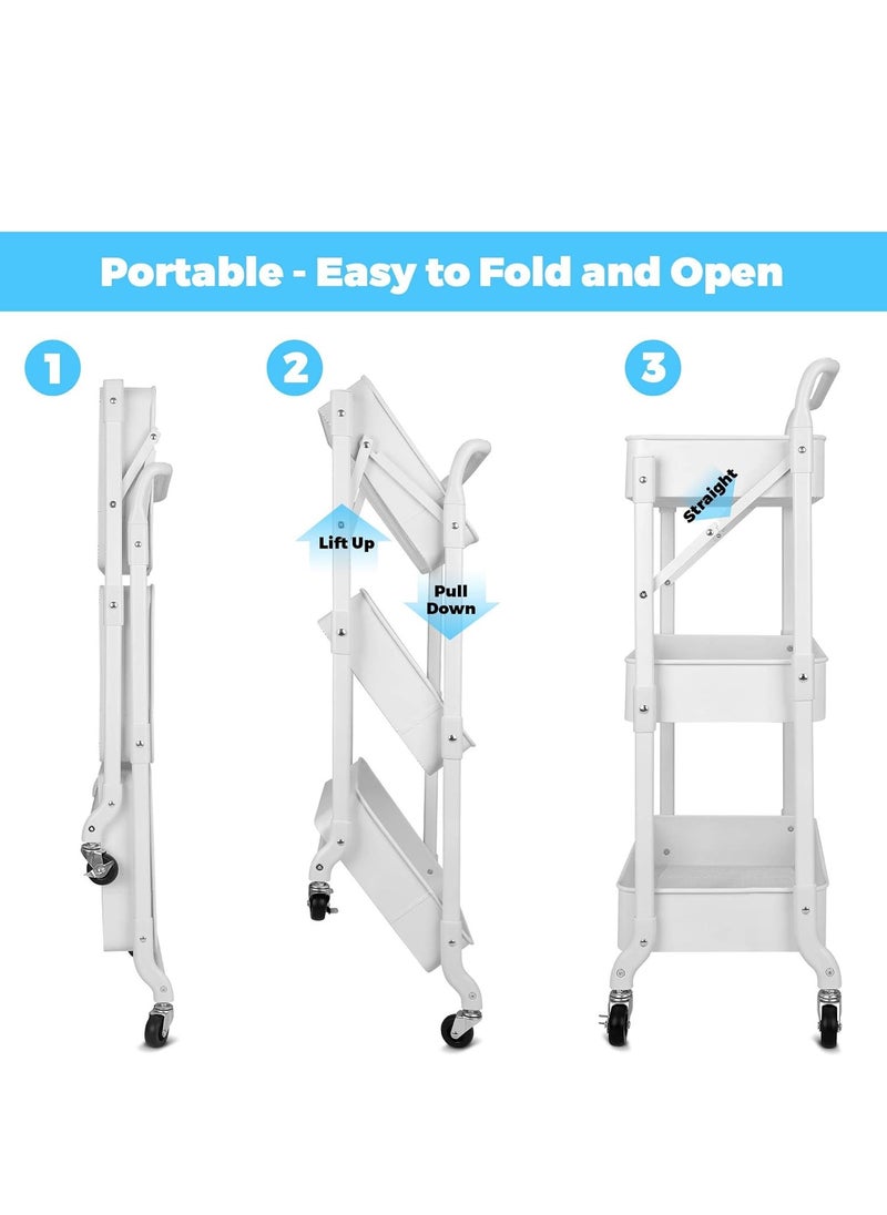 Foldable 3 Tier Metal Utility Rolling Cart, Folding Mobile Multi-Function Storage Trolley Organizer Cart for Home Library Office(White)