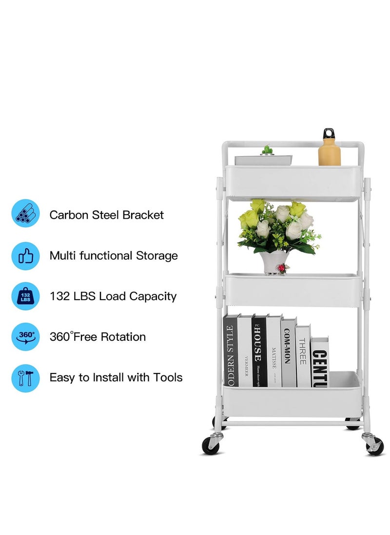 Foldable 3 Tier Metal Utility Rolling Cart, Folding Mobile Multi-Function Storage Trolley Organizer Cart for Home Library Office(White)