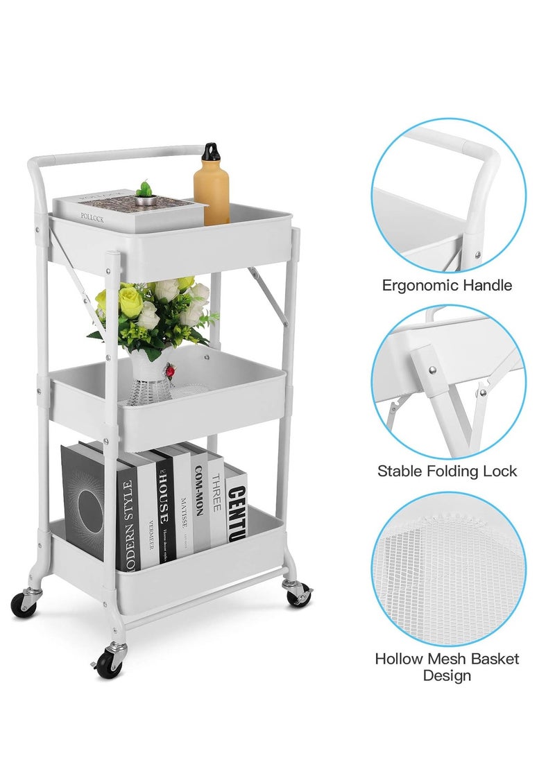 Foldable 3 Tier Metal Utility Rolling Cart, Folding Mobile Multi-Function Storage Trolley Organizer Cart for Home Library Office(White)