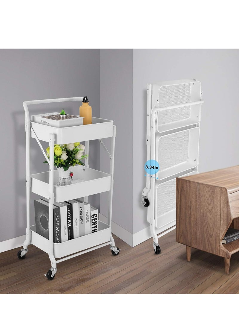 Foldable 3 Tier Metal Utility Rolling Cart, Folding Mobile Multi-Function Storage Trolley Organizer Cart for Home Library Office(White)