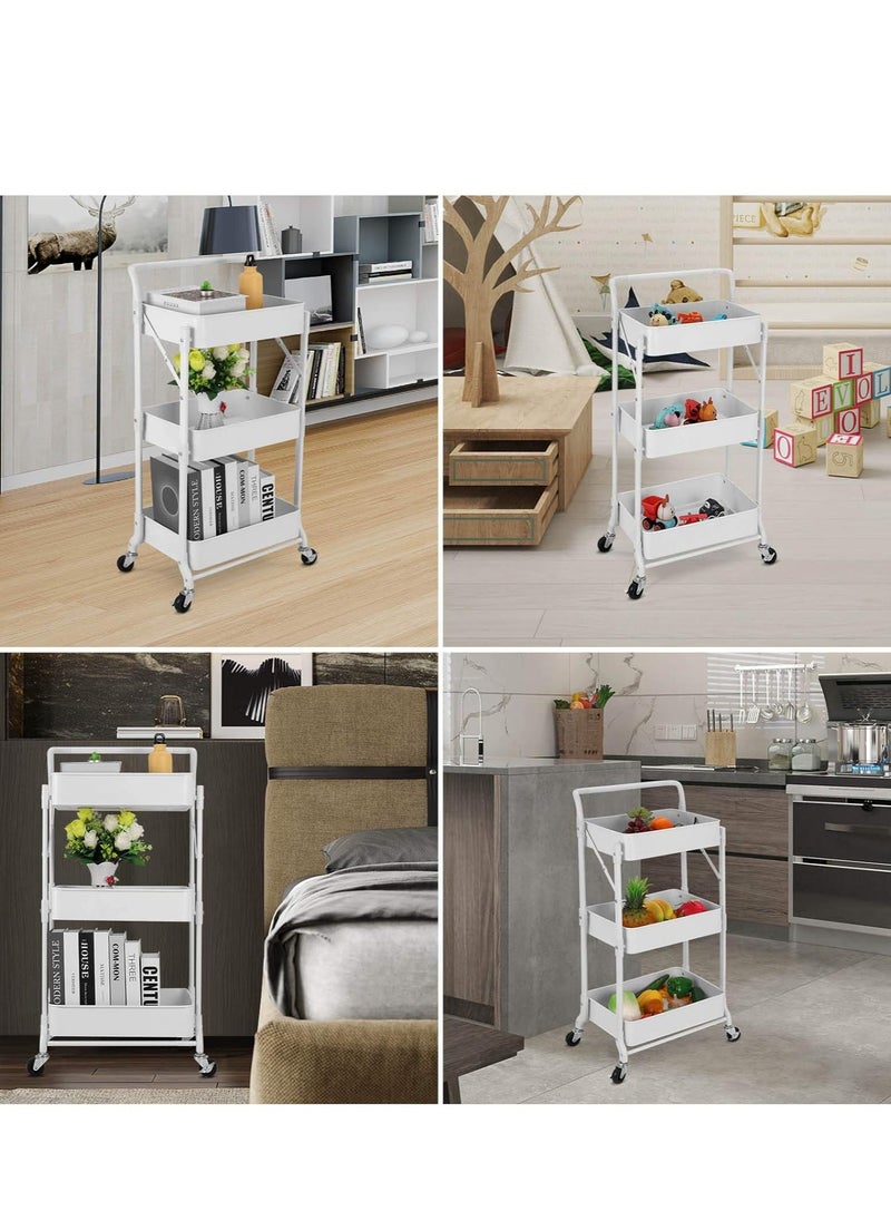 Foldable 3 Tier Metal Utility Rolling Cart, Folding Mobile Multi-Function Storage Trolley Organizer Cart for Home Library Office(White)