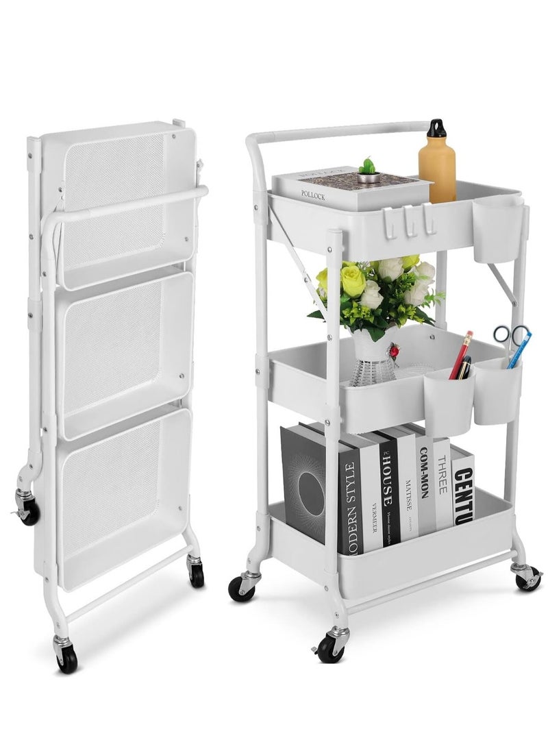 Foldable 3 Tier Metal Utility Rolling Cart, Folding Mobile Multi-Function Storage Trolley Organizer Cart for Home Library Office(White)