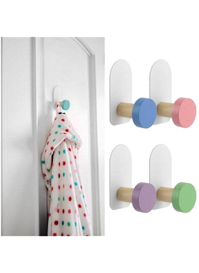 5 Pcs Kids Wall Coat Hooks, Cartoon Animal Pattern Self-Adhesive Hooks, Cute Wooden Decorative Wall Hooks for Towel, Clothes, Key, Bags, Clothing, Towels, Hats(Macaron Round)