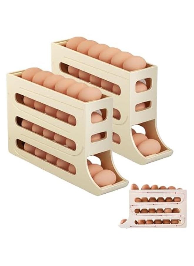 Durku 2 Pcs Egg Holder for Fridge, 4-Layer Automatic Egg Rolling Dispenser, Holds 30 Eggs Simultaneously, Space Saving Egg Tray for Refrigerator, Works In The Kitchen, Cabinets (Beige-2pcs)