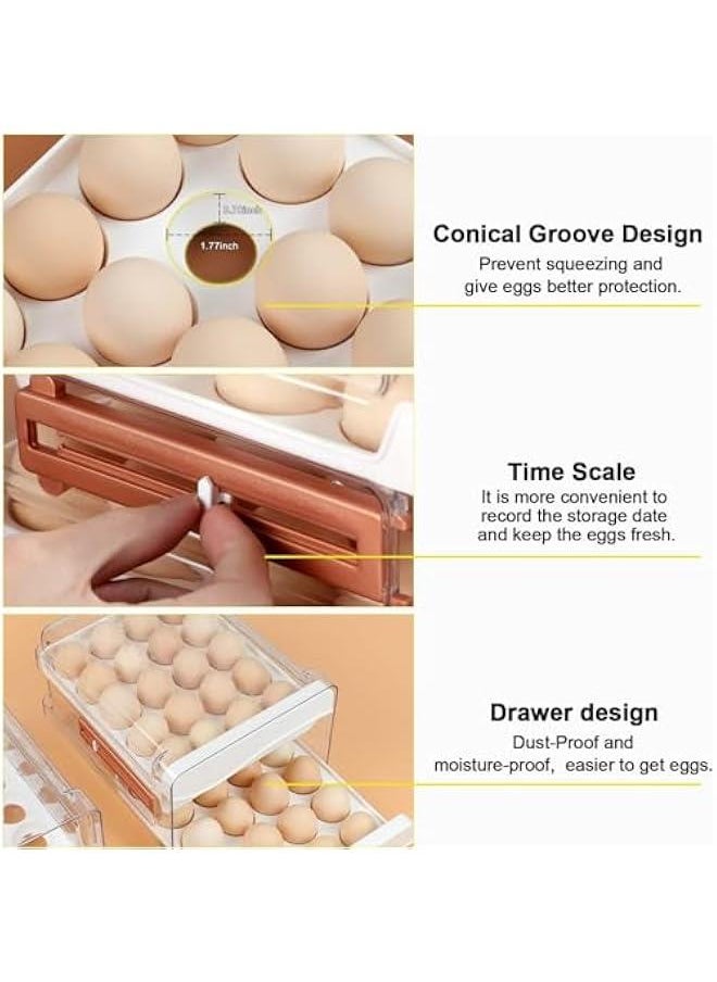 Egg Holder with Time Scale for Refrigerator, 40 Grid Large Capacity Clear Plastic Egg Storage Container, Two Layers Drawer Type Egg Storage Rack