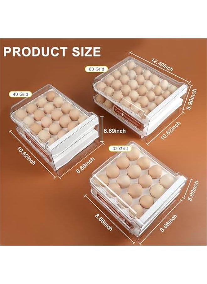 Egg Holder with Time Scale for Refrigerator, 40 Grid Large Capacity Clear Plastic Egg Storage Container, Two Layers Drawer Type Egg Storage Rack