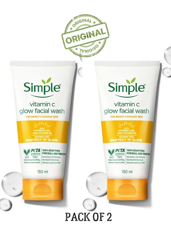 Simple Vitamin C Glow Face Wash for sensitive, dry & oily skin | 100% soap-free gentle cleanser for women & men Pack of 2