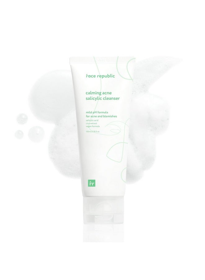 Calming Acne Salicylic Cleanser 100Ml 3.38 Fl Oz | Acne Care, Low Ph Gel Foam | Calming, Clarifying, Oil Control | Salicylic Acid, Centella Asiatica, Tea Tree | Vegan Korean Face Wash