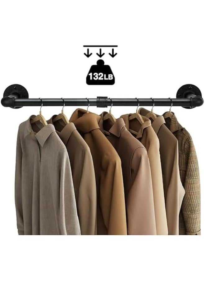 Clothes Rack, 36.4 Inch Industrial Pipe Wall Mounted Garment Rack, Space-Saving, Heavy Duty Detachable Garment Bar, Multi-Purpose Hanging Rod for Closet 2 Base