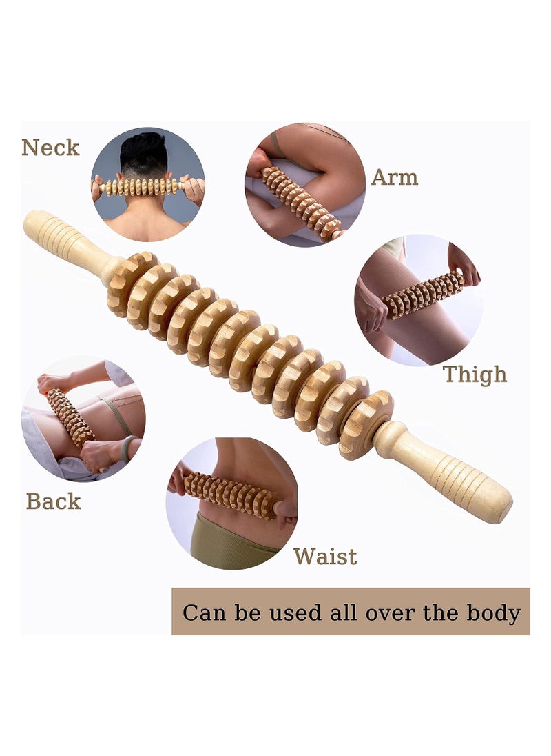 12-Wheel Wooden Massage Roller Stick - Manual Trigger Point Massager for Myofascial Release, Deep Tissue, Muscle Relief - Non-Slip Handle, Strong Iron Core, Chemical-Free Material for Relaxation and Cellulite Reduction