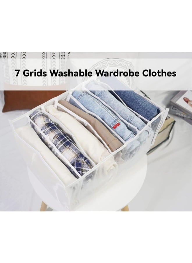 7 Grids Washable Wardrobe Clothes Organizer, 2PCS Foldable Visible Grid Storage Box with Multiple Layers, Storage Containers for Scarves, Leggings (Jeans Grid, 2White)
