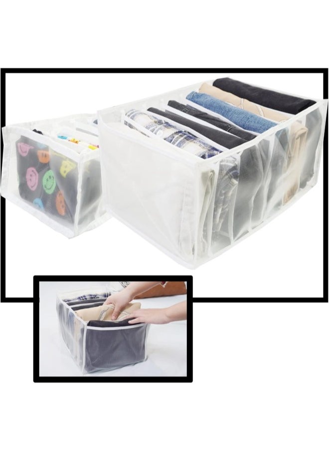 7 Grids Washable Wardrobe Clothes Organizer, 2PCS Foldable Visible Grid Storage Box with Multiple Layers, Storage Containers for Scarves, Leggings (Jeans Grid, 2White)