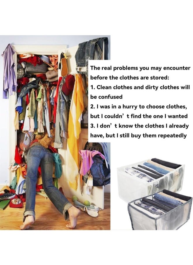 7 Grids Washable Wardrobe Clothes Organizer, 2PCS Foldable Visible Grid Storage Box with Multiple Layers, Storage Containers for Scarves, Leggings (Jeans Grid, 2White)