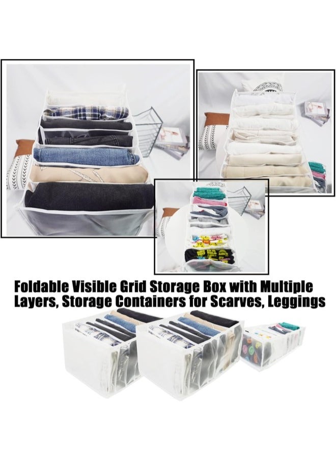 7 Grids Washable Wardrobe Clothes Organizer, 2PCS Foldable Visible Grid Storage Box with Multiple Layers, Storage Containers for Scarves, Leggings (Jeans Grid, 2White)