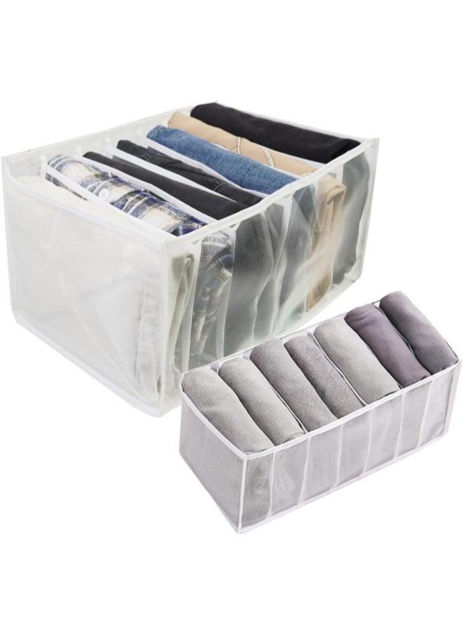 7 Grids Washable Wardrobe Clothes Organizer, 2PCS Foldable Visible Grid Storage Box with Multiple Layers, Storage Containers for Scarves, Leggings (Jeans Grid&Leggings Grid, 2White)