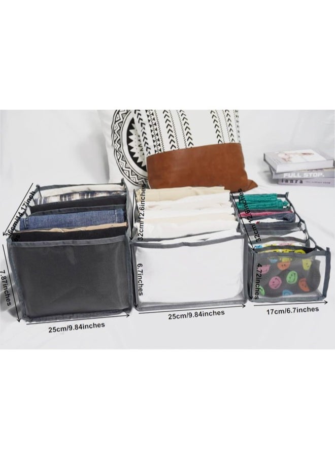 7 Grids Washable Wardrobe Clothes Organizer, 2PCS Foldable Visible Grid Storage Box with Multiple Layers, Storage Containers for Scarves, Leggings (Jeans Grid, 2Grey)