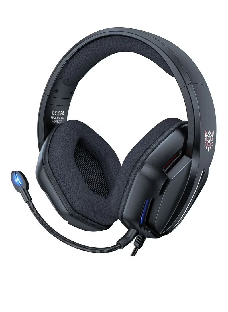 X27 Gaming Wired Headset with Microphone – Black, High-Quality Stereo Sound, Comfortable Over-Ear Cushions, Adjustable Headband, Noise-Canceling Mic, Compatible with PC, PS4, Xbox, and Mobile Devices for Ultimate Gaming Experience