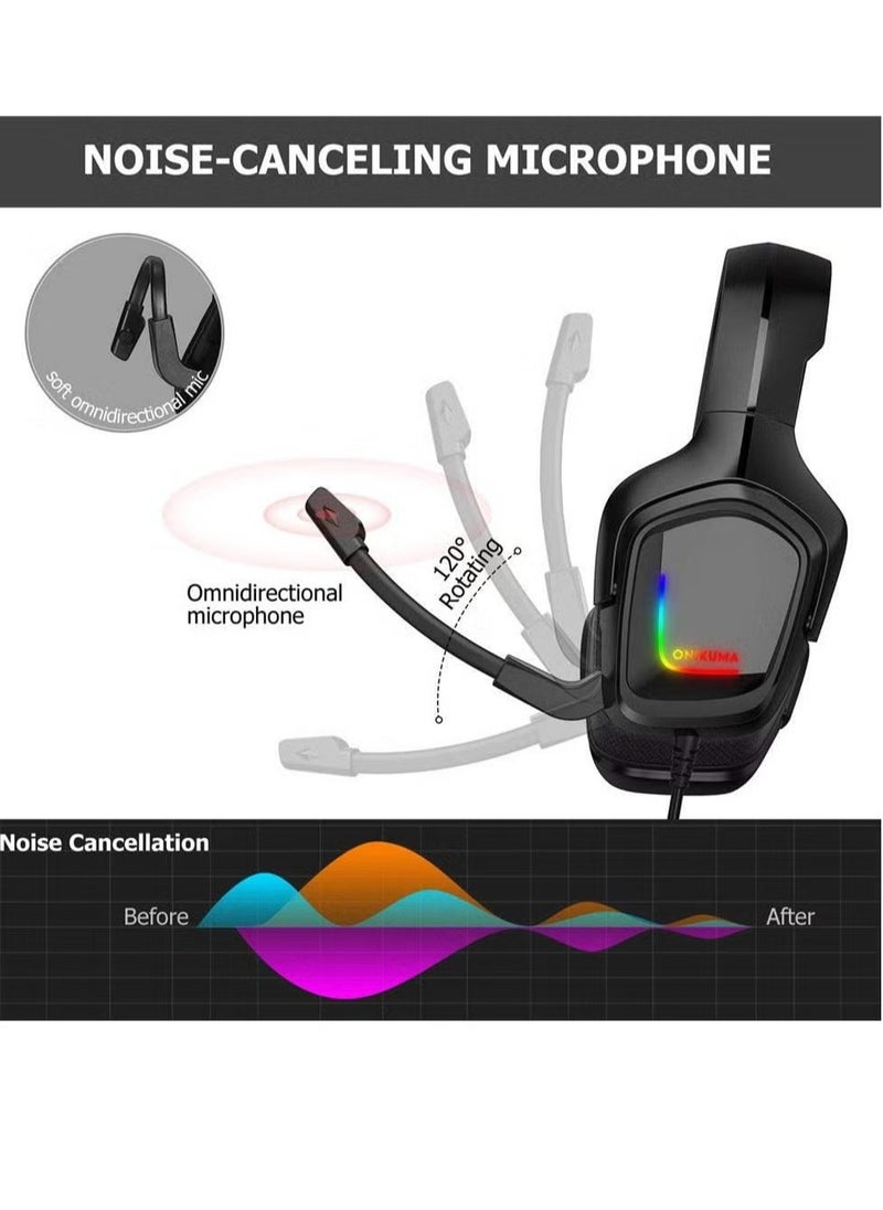 K20 Wired Gaming Headset with Microphone & RGB Light – High-Quality Stereo Sound, Noise-Canceling Mic, Comfortable Over-Ear Cushions, Adjustable Headband, Compatible with PC, PS4, Xbox, and Mobile Devices – Black