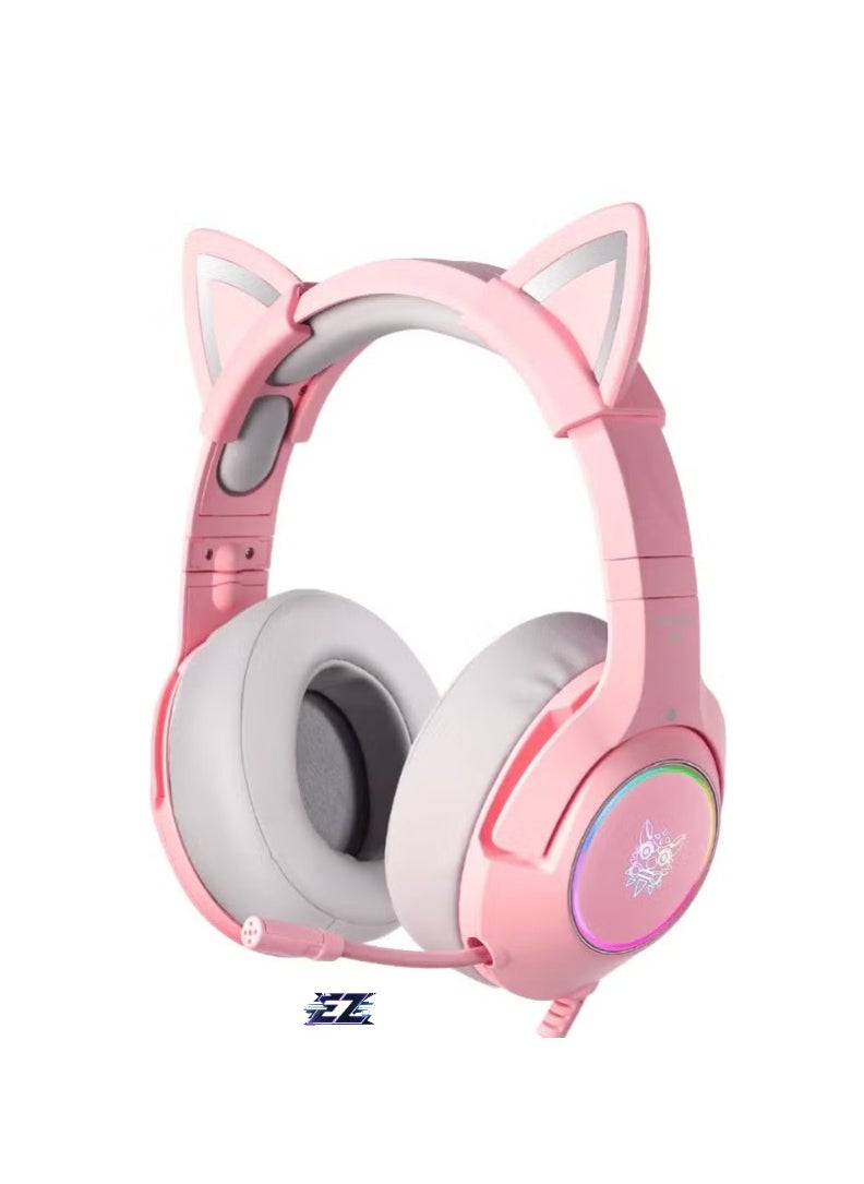 K9 Wired Gaming Headset Over-Ear Gaming Headphones with Removable Cat Ears & Microphone – High-Quality Stereo Sound, Noise-Canceling Mic, Comfortable Over-Ear Cushions, RGB Lights, Adjustable Headband – Compatible with PC, PS4, Xbox, Mobile Devices – Pink