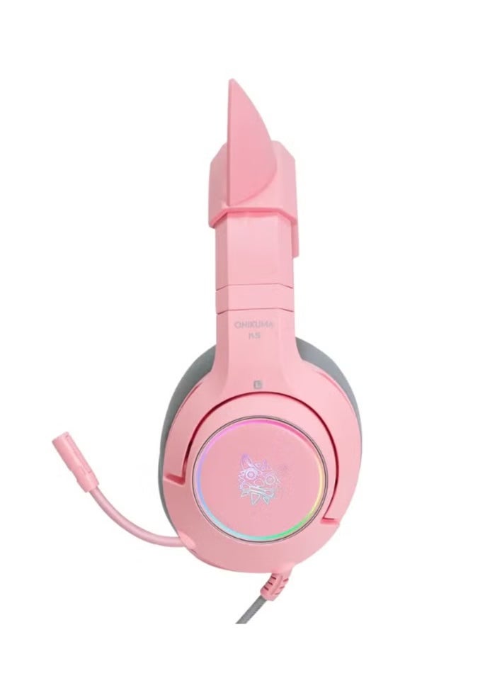 K9 Wired Gaming Headset Over-Ear Gaming Headphones with Removable Cat Ears & Microphone – High-Quality Stereo Sound, Noise-Canceling Mic, Comfortable Over-Ear Cushions, RGB Lights, Adjustable Headband – Compatible with PC, PS4, Xbox, Mobile Devices – Pink