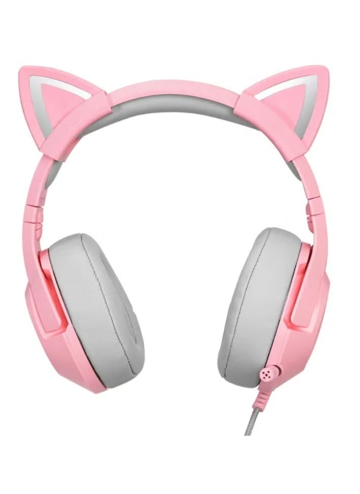 K9 Wired Gaming Headset Over-Ear Gaming Headphones with Removable Cat Ears & Microphone – High-Quality Stereo Sound, Noise-Canceling Mic, Comfortable Over-Ear Cushions, RGB Lights, Adjustable Headband – Compatible with PC, PS4, Xbox, Mobile Devices – Pink