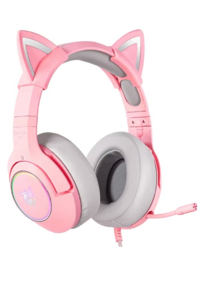 K9 Wired Gaming Headset Over-Ear Gaming Headphones with Removable Cat Ears & Microphone – High-Quality Stereo Sound, Noise-Canceling Mic, Comfortable Over-Ear Cushions, RGB Lights, Adjustable Headband – Compatible with PC, PS4, Xbox, Mobile Devices – Pink