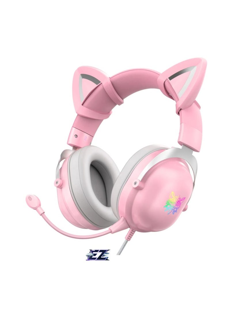 X11 Cat Ear Wired Stereo Gaming Headset Pink – High-Quality Sound, Noise-Canceling Mic, Comfortable Over-Ear Cushions, Adjustable Headband, LED RGB Lights – Perfect for PC, PS4, Xbox, and Mobile Gaming