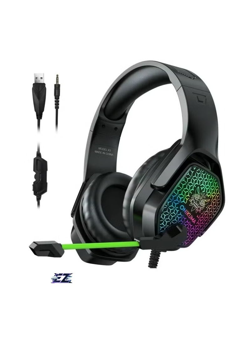 X3 Wired Headphones with Microphone Gaming Headsets – RGB Lights, Noise-Canceling Earphones for Computer, PC, PS4, Xbox, Mobile Gaming – Comfortable Over-Ear Cushions, Adjustable Headband, Immersive Stereo Sound