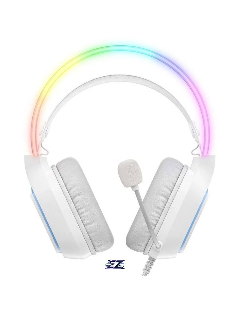 X22 USB + 3.5mm Cool RGB Dynamic Light Wired Gaming Headset with Mic – Immersive Stereo Sound, Noise-Canceling Microphone, Comfortable Over-Ear Cushions, Adjustable Headband – Ideal for PC, PS4, Xbox, Mobile Gaming – White