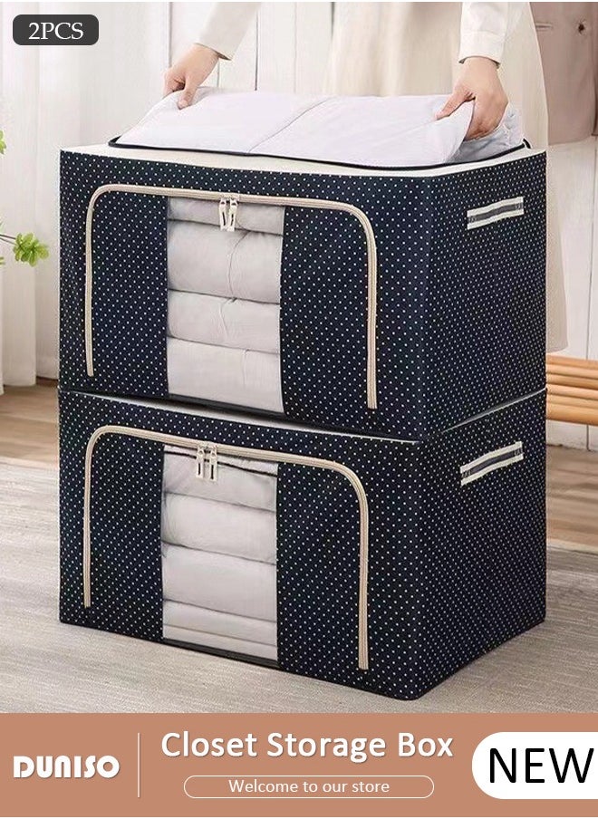 2 Pack Closet Storage Box with Metal Frame, Stackable Flodable Closet Container Organizer with Lids Handle Double & Zippers, Large Capacity Wardrobe Clothes Storage Box with Clear Window for Blanket, Bedding, Clothes, Comforter