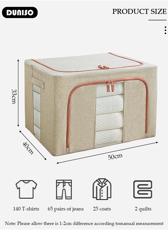 2 Pack Closet Storage Box with Metal Frame, Stackable Flodable Closet Container Organizer with Lids Handle Double & Zippers, Large Capacity Wardrobe Clothes Storage Box with Clear Window for Blanket, Bedding, Clothes, Comforter