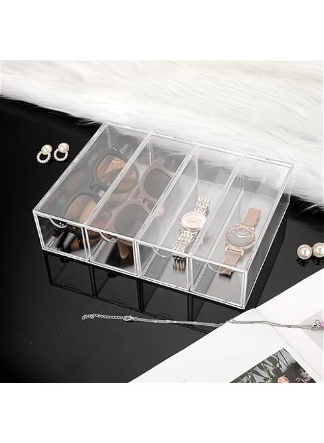 Acrylic Sunglasses Organizer with 4 Drawers Clear Eyeglass Case Eyeglass Storage Display Holder Multipurpose Drawer Organizer Tray for Jewelry Watch Perfume Vanity,6.9 x 2.6 x9.7