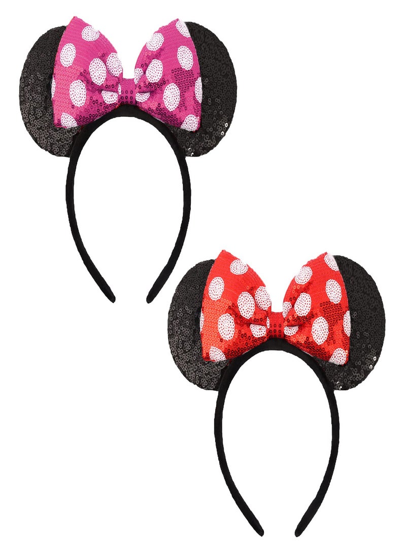 Mouse Ears Headbands 2Pcs Headbands Shiny Bows Glitter Party Decoration Classic Mouse Ears Cosplay Costume for Women Girls Amusement Park Hair Accessories for Parties Role Playing