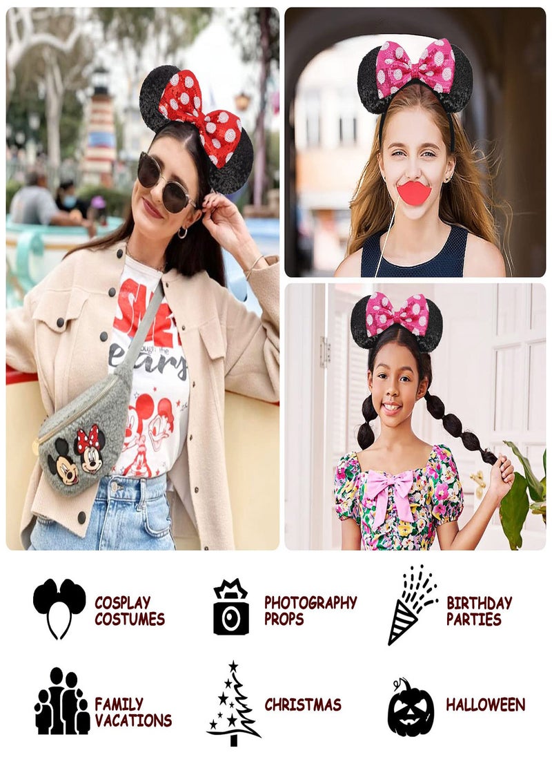 Mouse Ears Headbands 2Pcs Headbands Shiny Bows Glitter Party Decoration Classic Mouse Ears Cosplay Costume for Women Girls Amusement Park Hair Accessories for Parties Role Playing