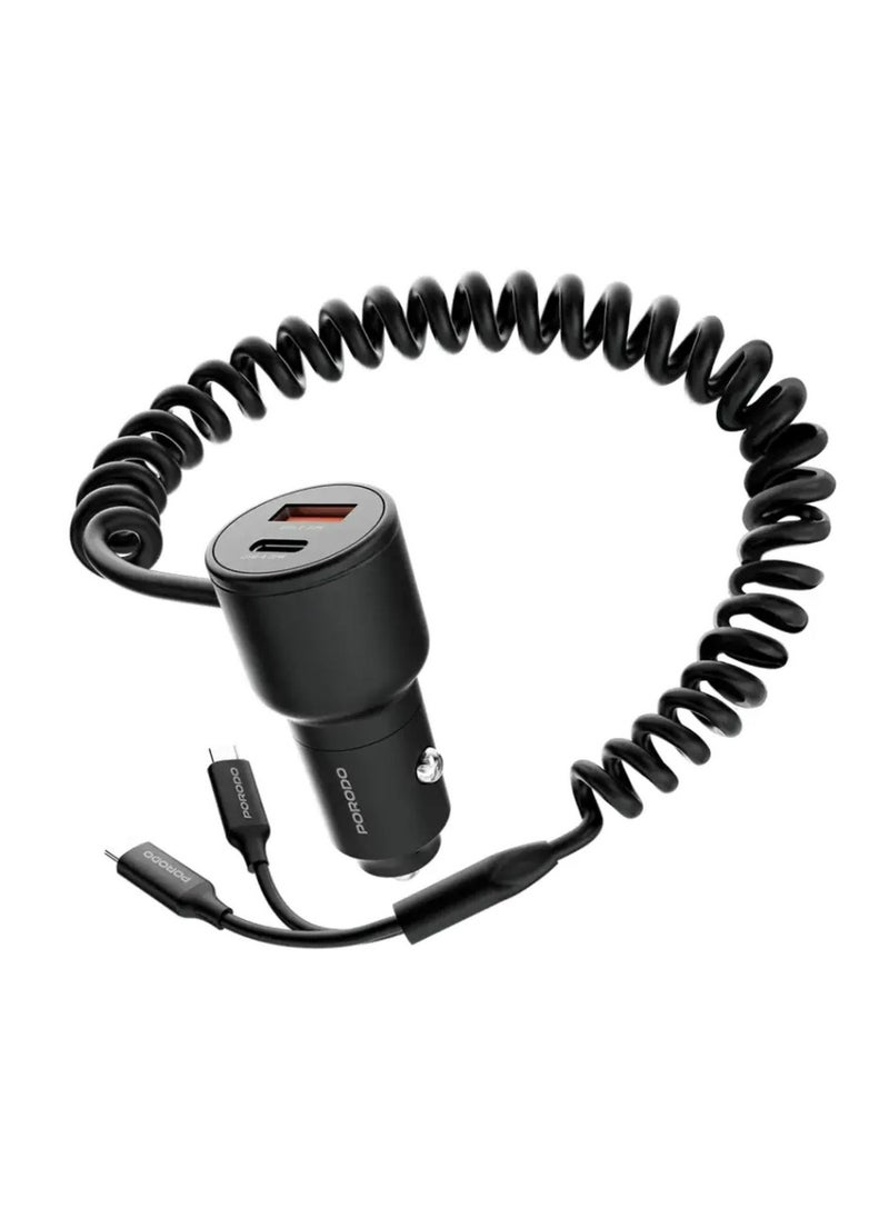 Dual Port Car Charger with Integrated C+C Cables, Universal Compatibility, Simultaneous Charging, 1.5m Cable Length - Black