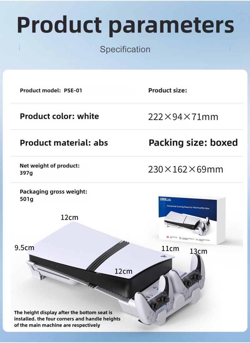 PS5 Horizontal Stand with Cooling Fan and Dual Controller Charging Station for PS5 Pro, PS5 Slim, PS5 Digital Edition, PS5 Disc Version, PS5 Cooling Fan with 3 Adjustable Fan Speeds (White)