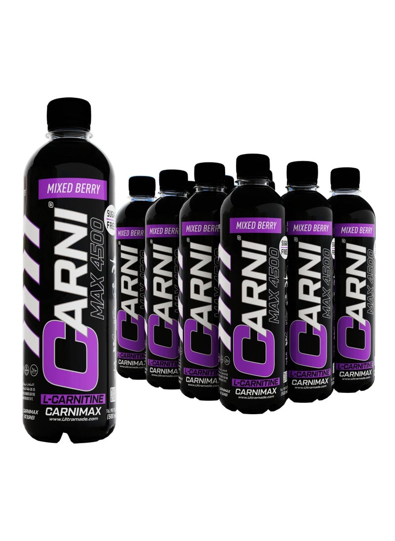 CARNIMAX 4500 L-CARNITINE  Mixed Berry - Maximum Fat Burn L-Carnitine with Electrolytes, CLA, Chromium, B Complex Vitamins & Alpha GPC - Zero Sugar, 500ml Pack of 12