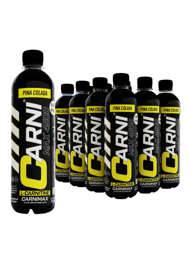 C5 CARNIMAX Pina Colada - L-CARNITINE Maximum Fat Burn L-Carnitine with Electrolytes, CLA, Chromium, B Complex Vitamins & Alpha GPC - Zero Sugar, 500ml Pack of 12