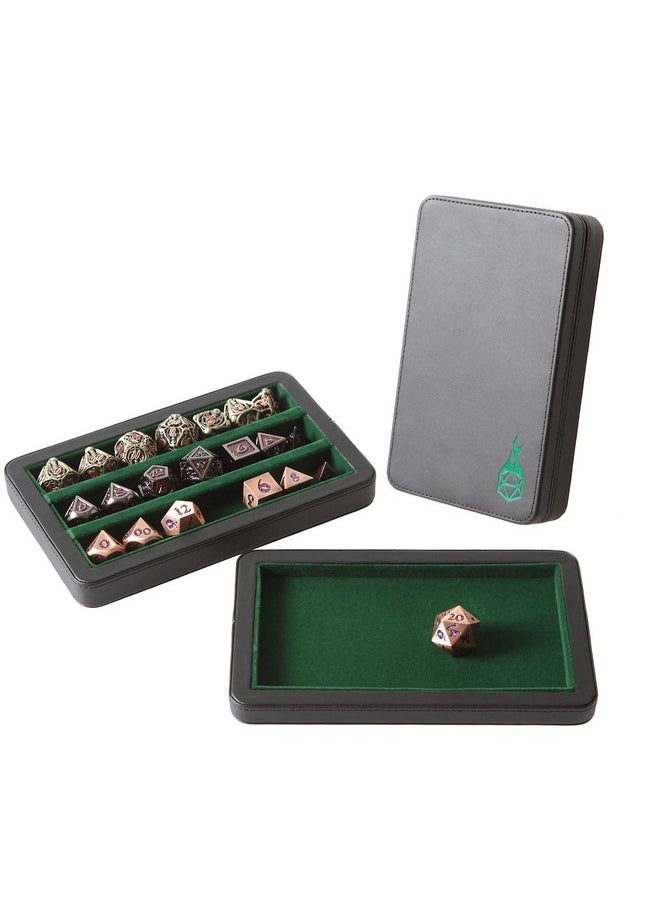 Premium 3-Row Dice Case - Combination Dice Box And Dice Tray - Protects Polyhedral Dice Sets - Felt-Lined Storage Rows - Magnetic Lid Closure - Perfect Metal Dice Storage Box - Green