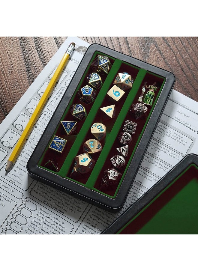 Premium 3-Row Dice Case - Combination Dice Box And Dice Tray - Protects Polyhedral Dice Sets - Felt-Lined Storage Rows - Magnetic Lid Closure - Perfect Metal Dice Storage Box - Green