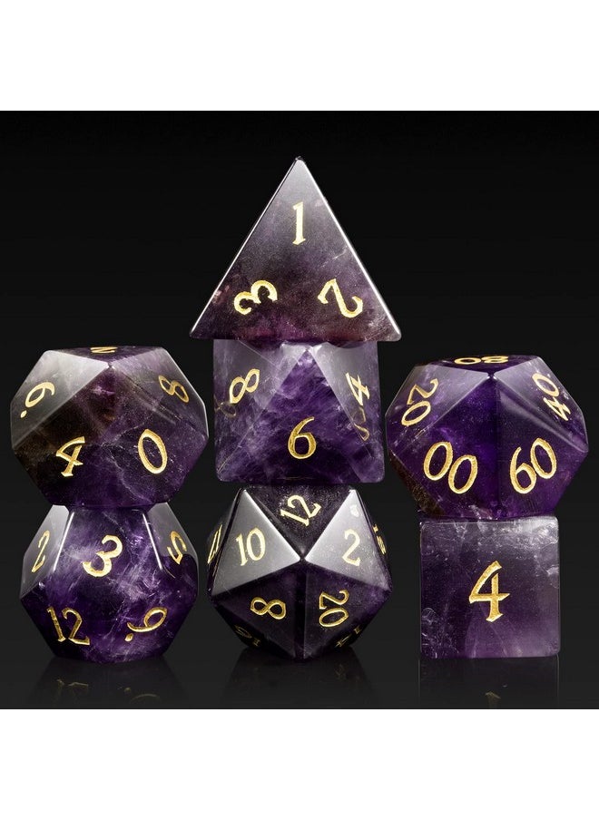 Amethyst Crystal Dnd Dice Set 7 Pcs Gemstone D&D Dice With Gorgeous Gift Case For Dungeons And Dragon Tabletop Game (Amethyst)