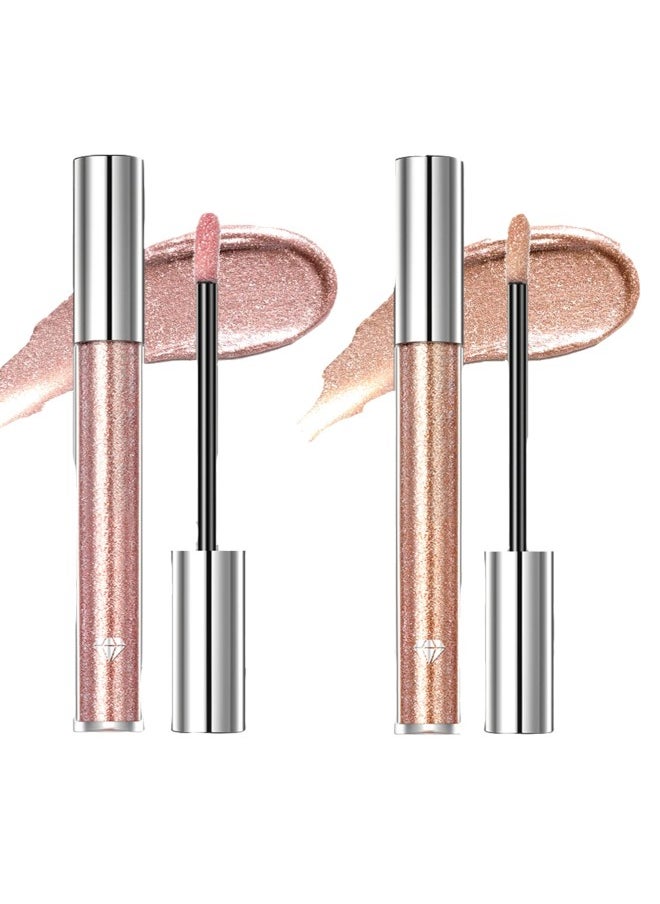 2PCS Liquid Glitter Diamond Eyeshadow, 2 in 1 Liquid Lipstick and Eyeshadow Metallic Lipstick Waterproof Long Lasting Lip Glaze Tint Charming Makeup for Eyes and Lips (Light Pink, Sunset Golden)