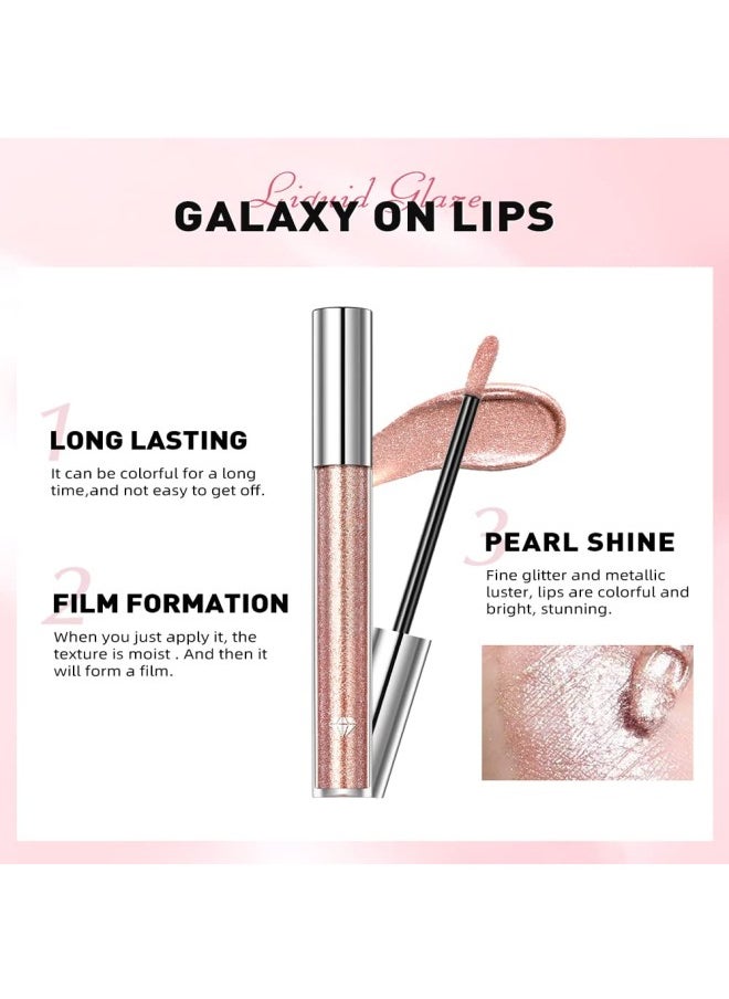 2PCS Liquid Glitter Diamond Eyeshadow, 2 in 1 Liquid Lipstick and Eyeshadow Metallic Lipstick Waterproof Long Lasting Lip Glaze Tint Charming Makeup for Eyes and Lips (Light Pink, Sunset Golden)