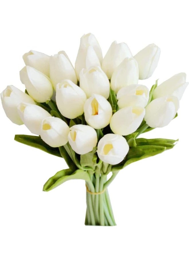 Faux Tulips Silk Tulips Tulips Artificial Flowers Silk Tulips Flowers with Stems ，for Mother's Day Home Kitchen Office Wedding Decoration (White,15pc)