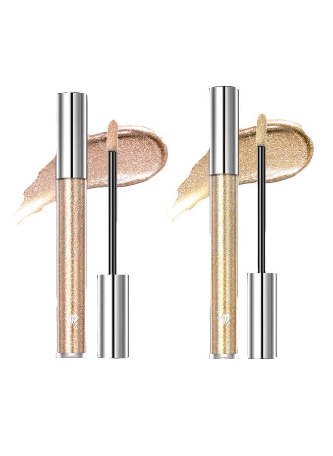 2PCS Liquid Glitter Diamond Eyeshadow, 2 in 1 Liquid Lipstick and Eyeshadow Metallic Lipstick Waterproof Long Lasting Lip Glaze Tint Charming Makeup for Eyes and Lips (Light Golden, Golden)